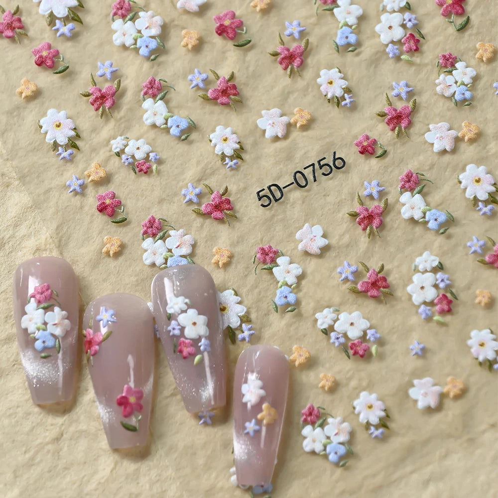 1 Stück 5D Relief Bunter Gänseblümchen-Nagelaufkleber Grünes Blatt Gänseblümchen-Nageldekor Frühlings-Klebefolie Gänseblümchen-Nagelslider