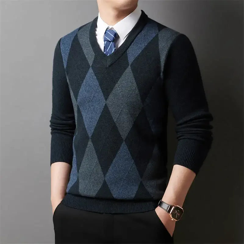 Winter Warm Neue männer Plaid V-ausschnitt Langarm Pullover Gestrickte Pullover Mode Lässig Vielseitig Top