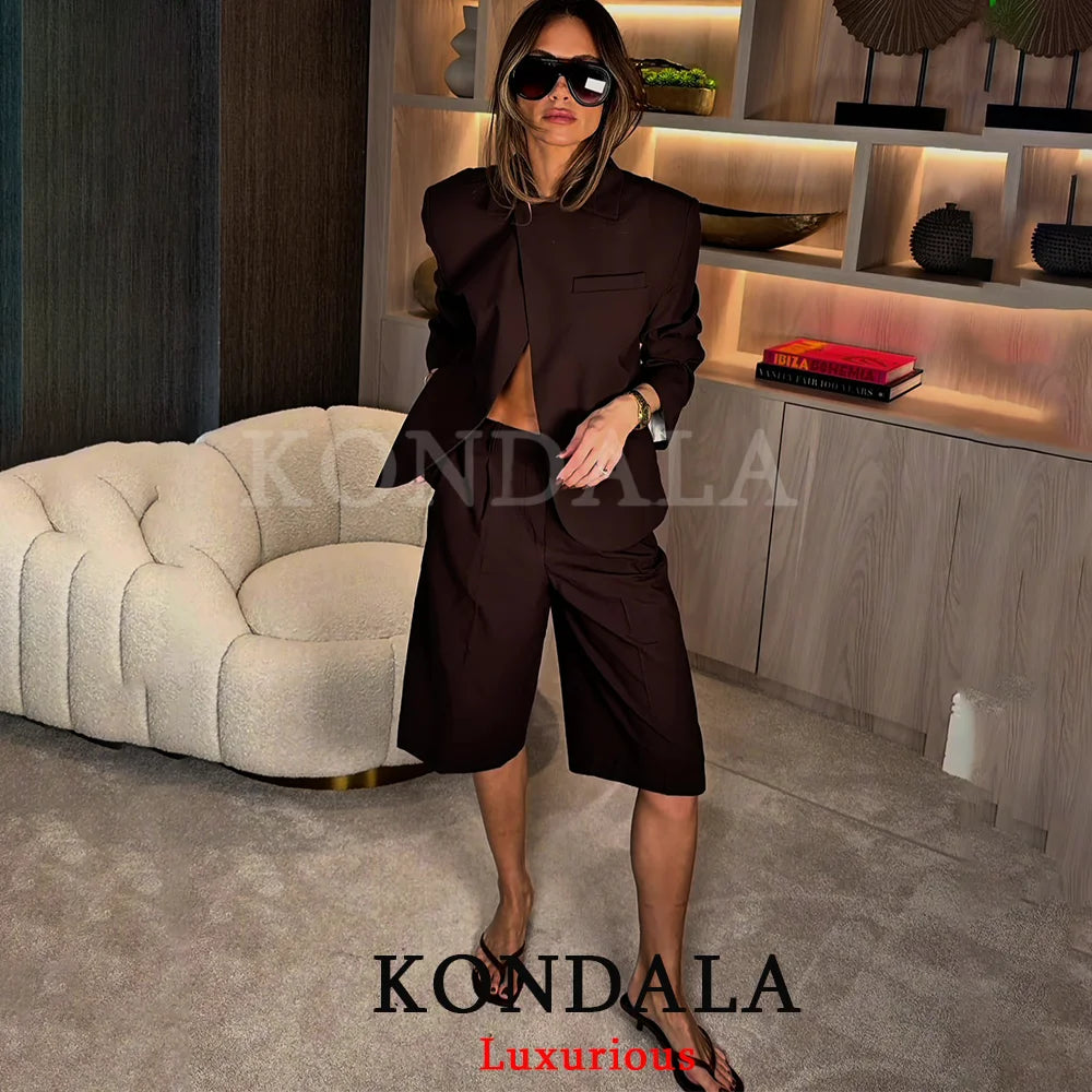 KONDALA Damen Büro-Outfit Lässiger Schicker Brauner Blazer Anzug Langarm-Blazer mit Reißverschluss Halbe Hose Modischer Frühling-Sommer-Anzug 2026