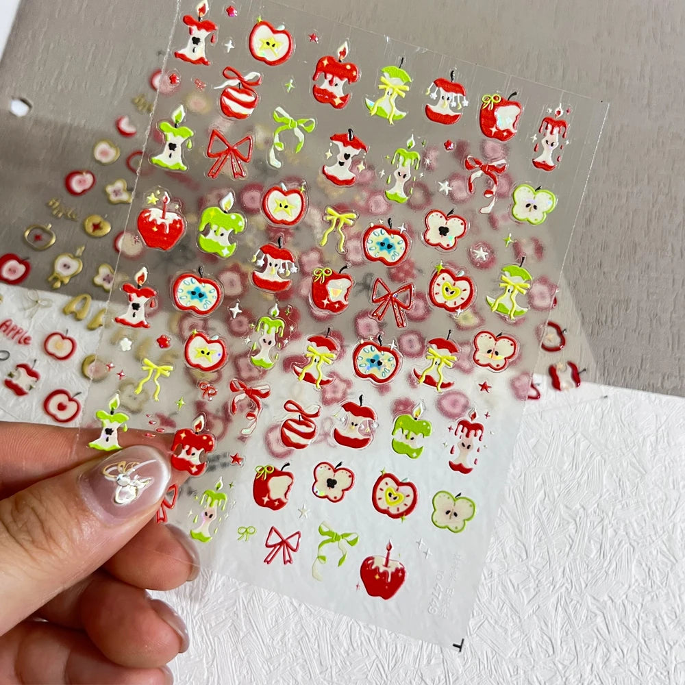 1 Blatt Muschel-Glühen-Kerzenförmige Apfelkern-Nagelaufkleber, niedliche Apfelschale, Schleife, Krawatte, selbstklebende Nagelaufkleber, DIY, Weihnachten und *