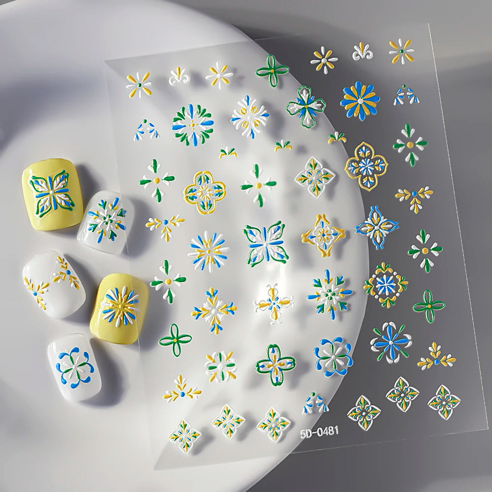 5D geprägte elegante böhmische Blumen Nail Art Aufkleber Spitze Blume Totem Nagel Aufkleber Aufkleber selbstklebende böhmische Maniküre Decot