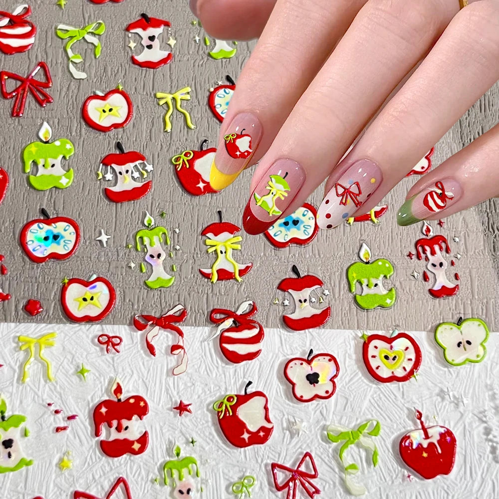 1 Blatt Muschel-Glühen-Kerzenförmige Apfelkern-Nagelaufkleber, niedliche Apfelschale, Schleife, Krawatte, selbstklebende Nagelaufkleber, DIY, Weihnachten und *