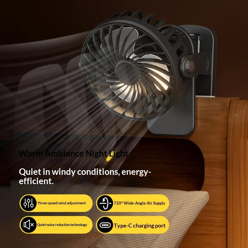 Leiser Mini-Clip-Ventilator, 720° drehbarer Kopf, USB-Aufladung, Nachtlampe, tragbarer Kühlventilator für Büro, Zuhause, Camping, Outdoor