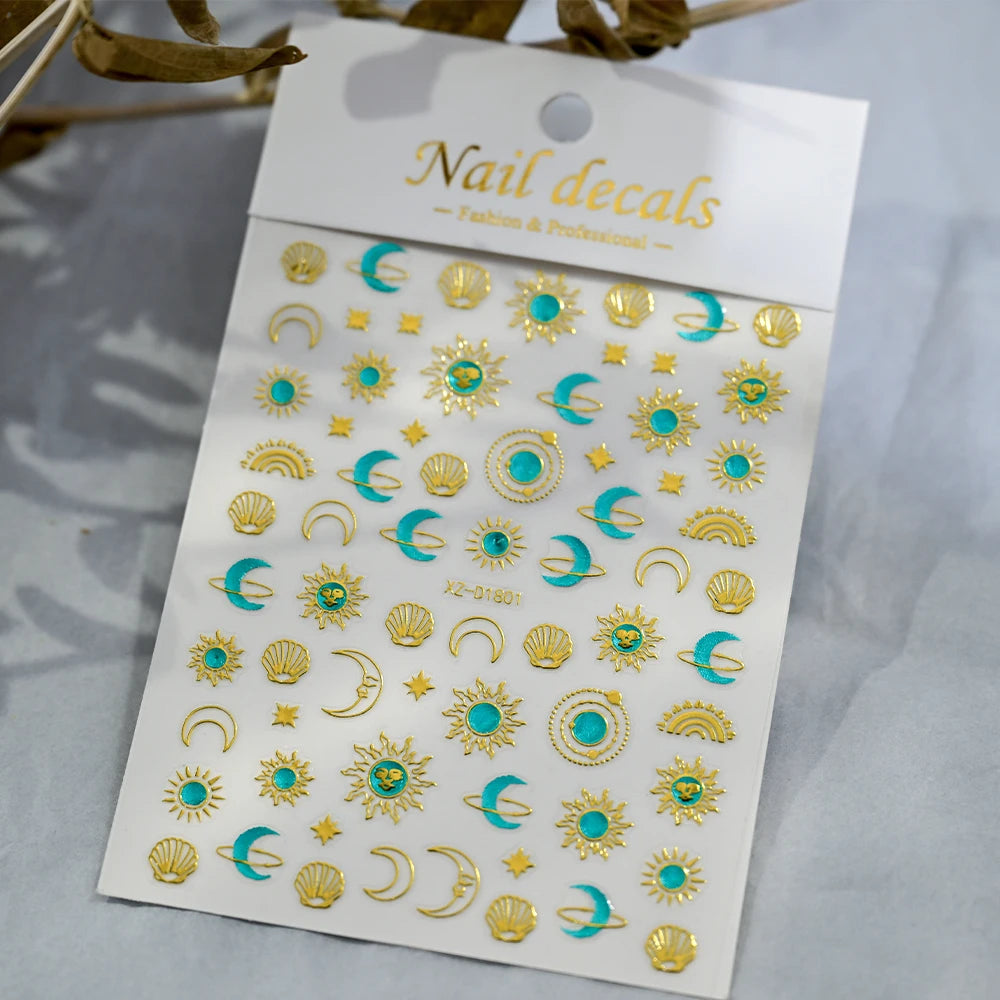 1 Blatt Smaragdgrün Gold Stern Mond Nagelaufkleber Bohemian Hot Stamping Metallic Nagelaufkleber Türkis Maniküre Sliders für Frauen