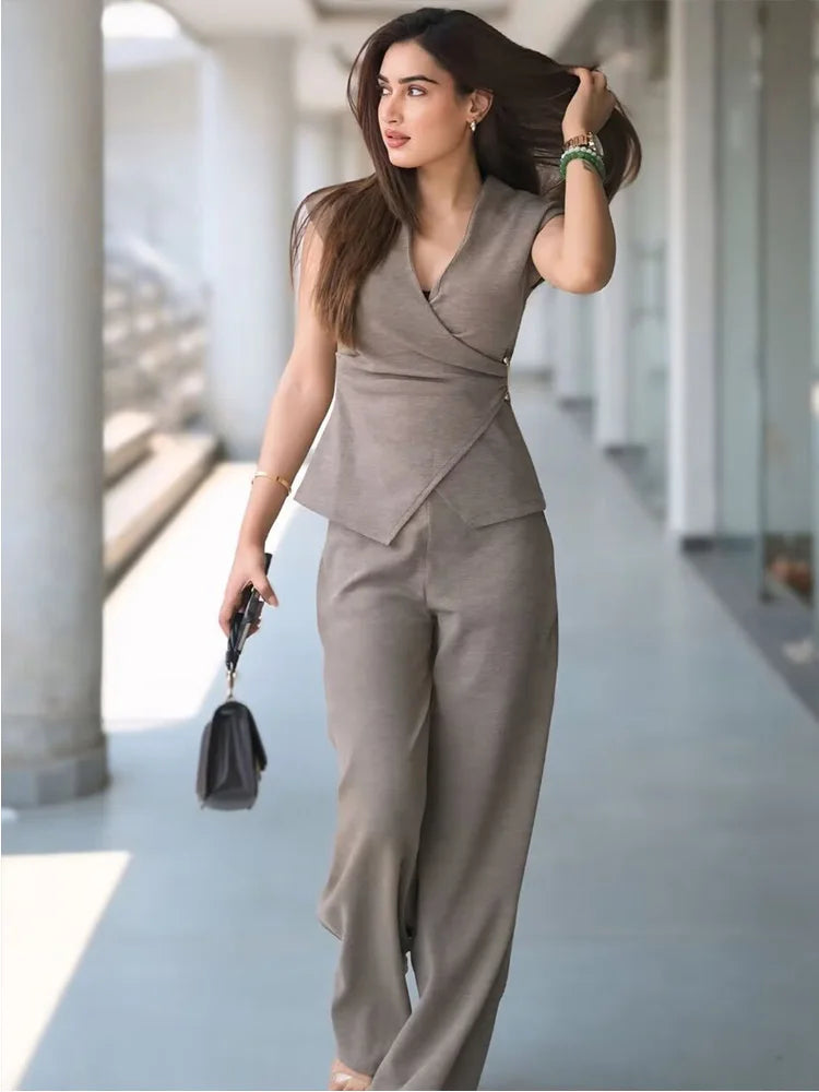 HXAO Hosen-Sets, Damen-Anzug, Falten, Oberteil, Sporthose, Trainingsanzug, Sommer, zweiteiliges Set, Sportbekleidung, elegant, lässig, weiblich, 2-teiliges Set