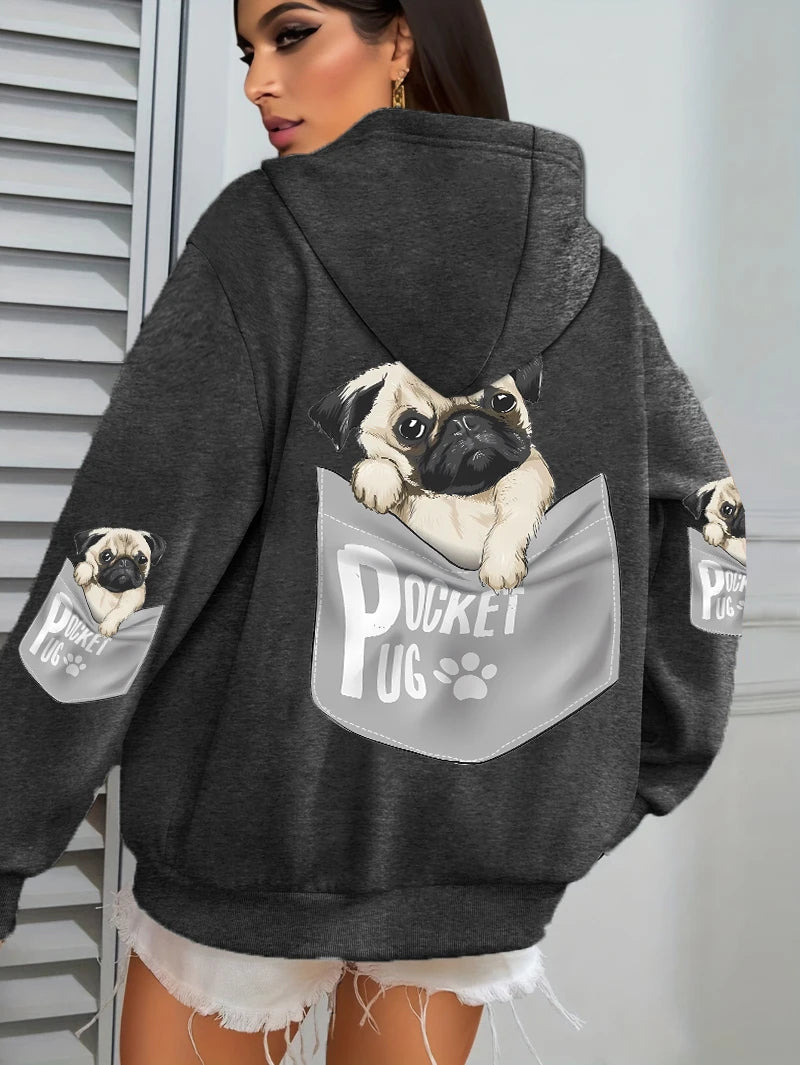 Tasche Mops Hoodies Frauen Cartoons hund Drucke Mit Kapuze Lose Taschen Sweatshirts Winter Fleece Warme Tops Straße Schwarz Frau Kleidung