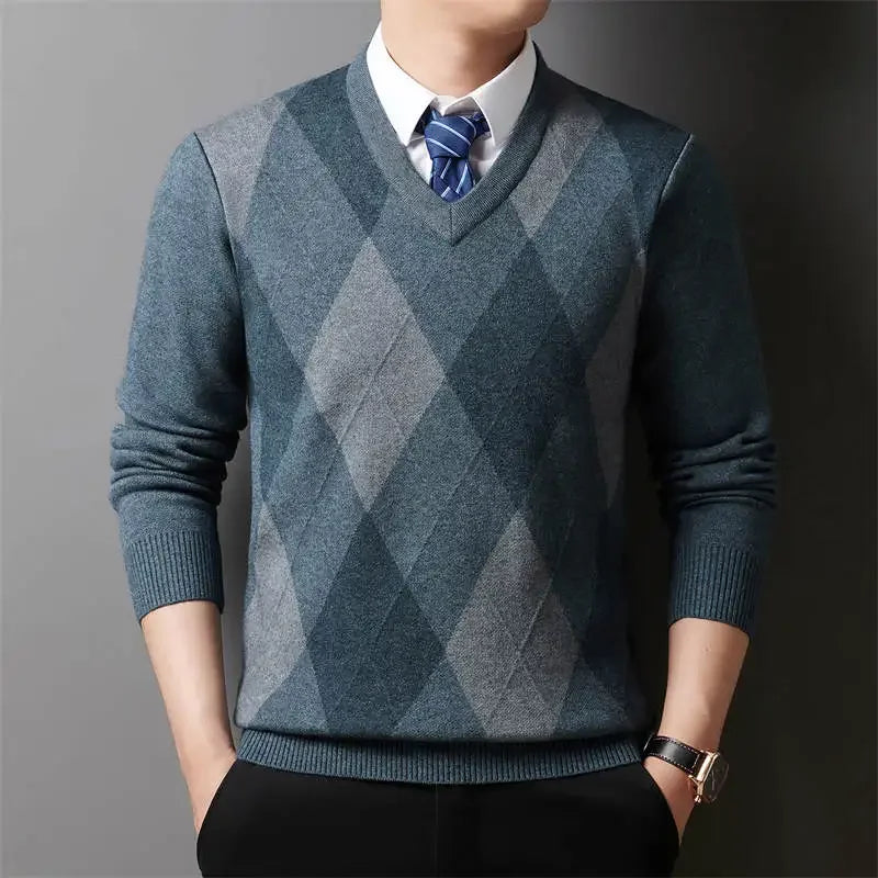 Winter Warm Neue männer Plaid V-ausschnitt Langarm Pullover Gestrickte Pullover Mode Lässig Vielseitig Top