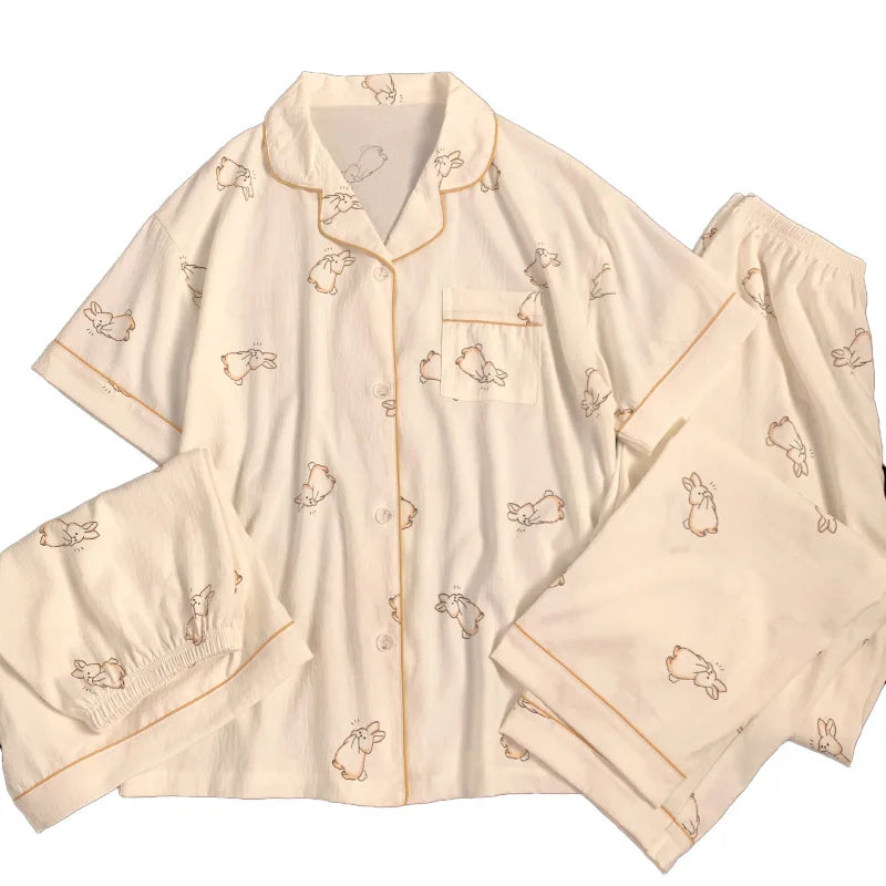 Frauen Neue Koreanische Einfache Kaninchen Druck Pyjamas Frühling und Sommer Wolken Drei-Stück Set Mode Faul Freizeit hause Tragen