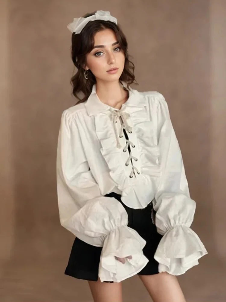 Zadily 2025, Sommer-Damen-Lolita-Rüschenbesatz, Stehkragen, Hemd, Schnürung, Laternenärmel, taillierte Taille, Vintage, elegante Party-Bluse