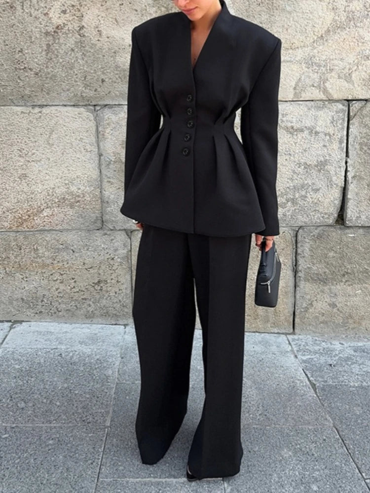 Elegantes Blazer-Hosen-Set für Damen Einfarbiger V-Ausschnitt Langarm-Knopfjacke Weite Hose Frühjahr Neue Mode Büro-Damen-Outfits