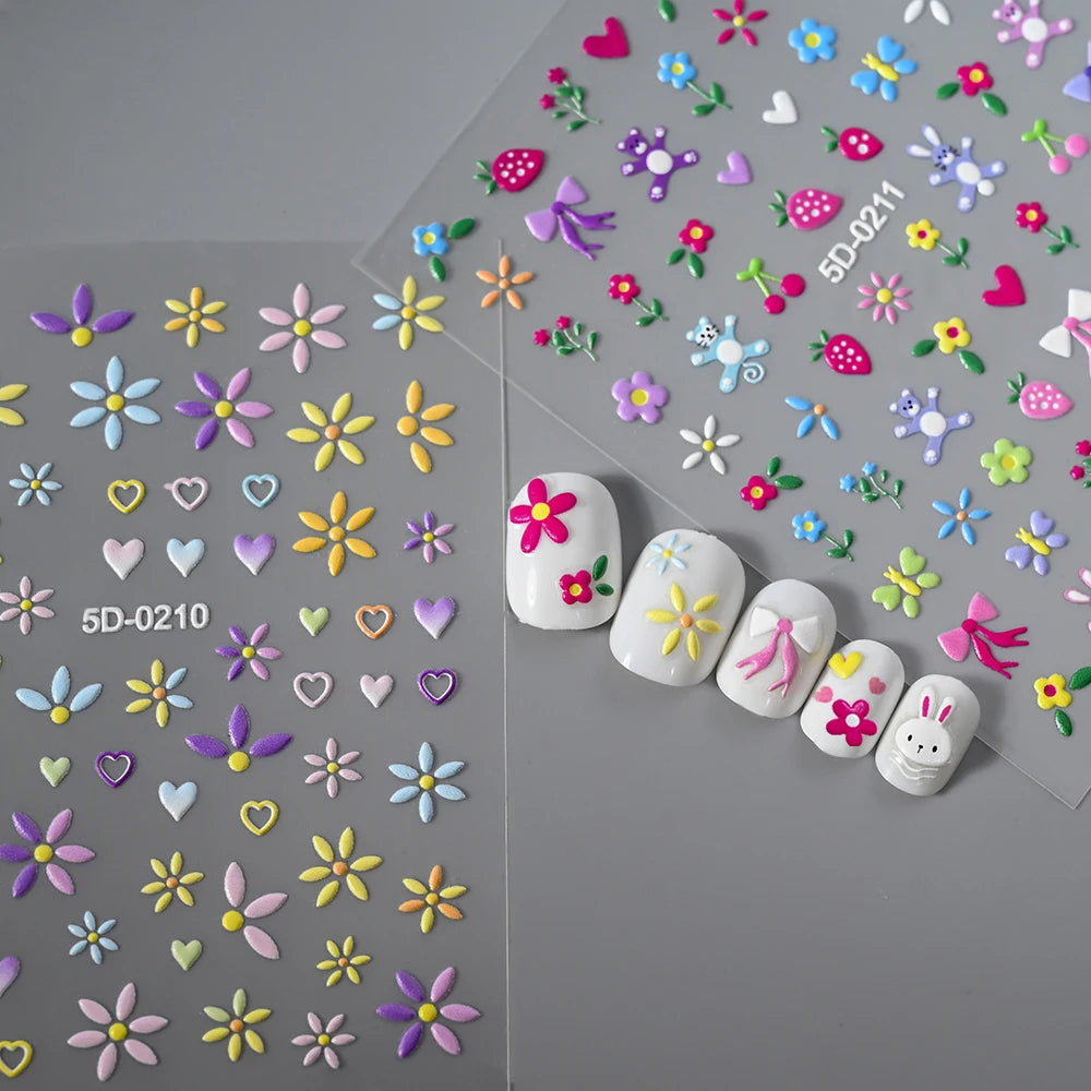 1 stücke 5D Nette Bunte Gänseblümchen Nail art Aufkleber Frühling Blumen Tulpe Weiß Gänseblümchen Nagel Aufkleber Sommer Blüte Floral Maniküre decora