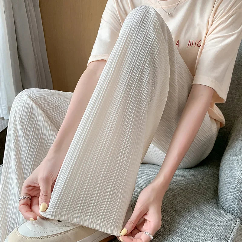 2025 Korea Dongdaemun Eis Seide Breite bein Hosen frauen Dünne Abnehmen Boden Hosen Weiß Gestreiften Hosen Y2K Mode hosen Baggy