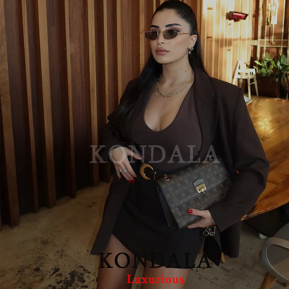 KONDALA Bürodame, schokoladenbraun, Damenanzüge, V-Ausschnitt, Doppelknopf, Blazer, Gürtel, Mini-Shorts, Rock, Mode, 2025, Vintage-Sets