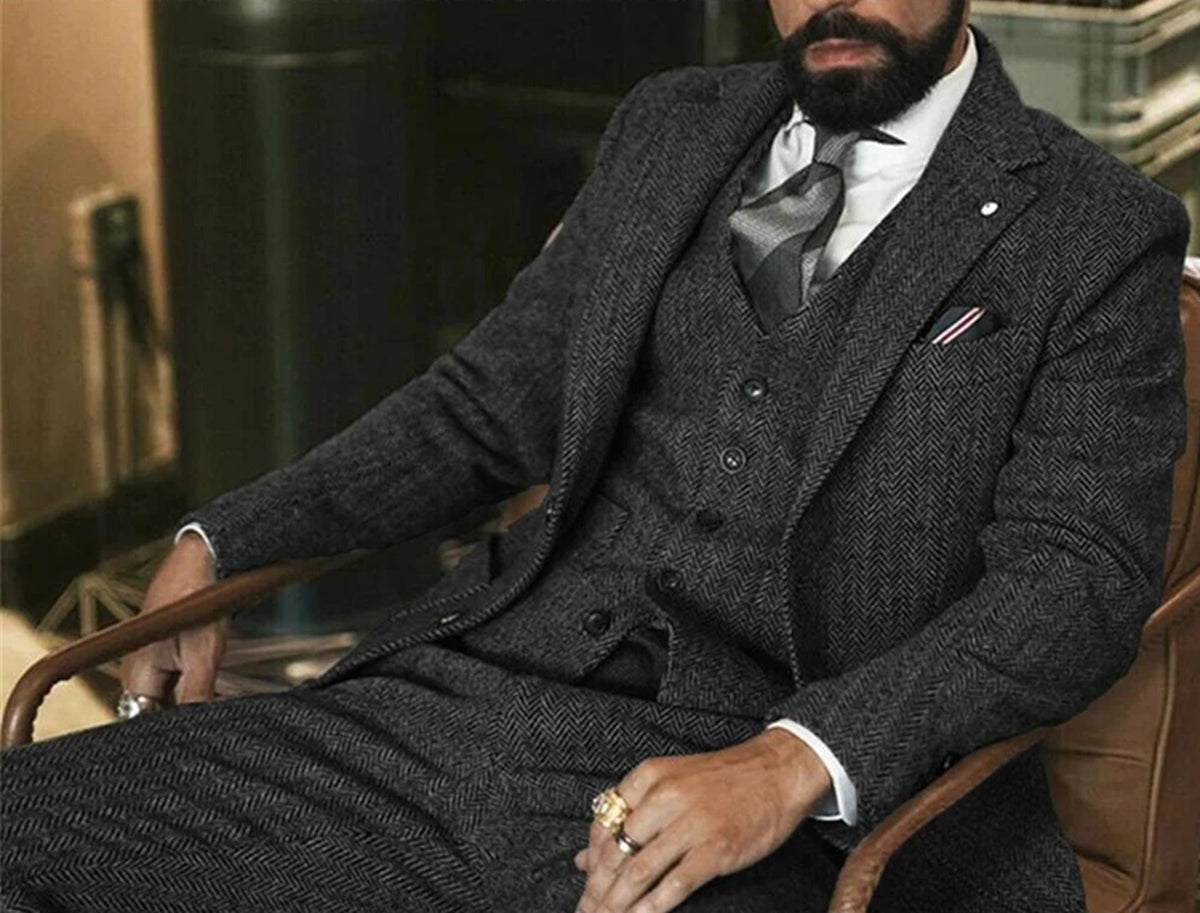 Grauer Woll-Tweed-Winteranzug für Herren, Fischgrätenmuster, schmale Passform, formeller Bräutigam-Smoking, 3-teilige Hochzeitsanzüge für Herren (Jacke + Weste + Hose)