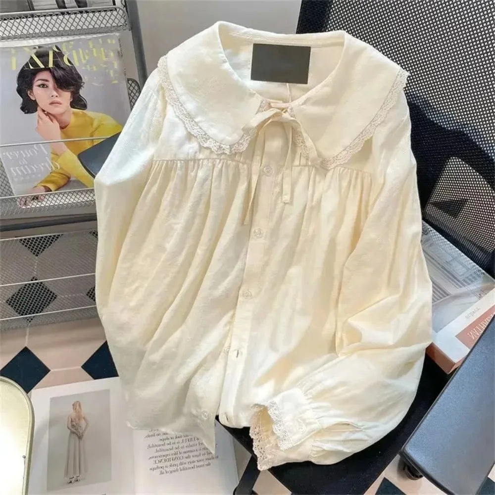 Peter Pan Kragen Süßes Hemd Frauen Lolita Japanische Kawaii Bluse Puff Langarm Elegante Weiße Weibliche Top Grundlegende Schule Shirts