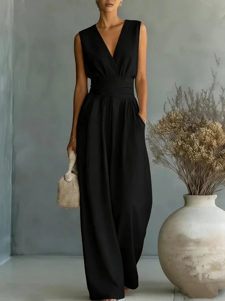 Elegante Damen-Jumpsuits mit hoher Taille, Sommer-Kurzarm-Overalls mit weitem Bein, lässige V-Ausschnitt-Jumpsuits in Unifarben, lockere Streetwear