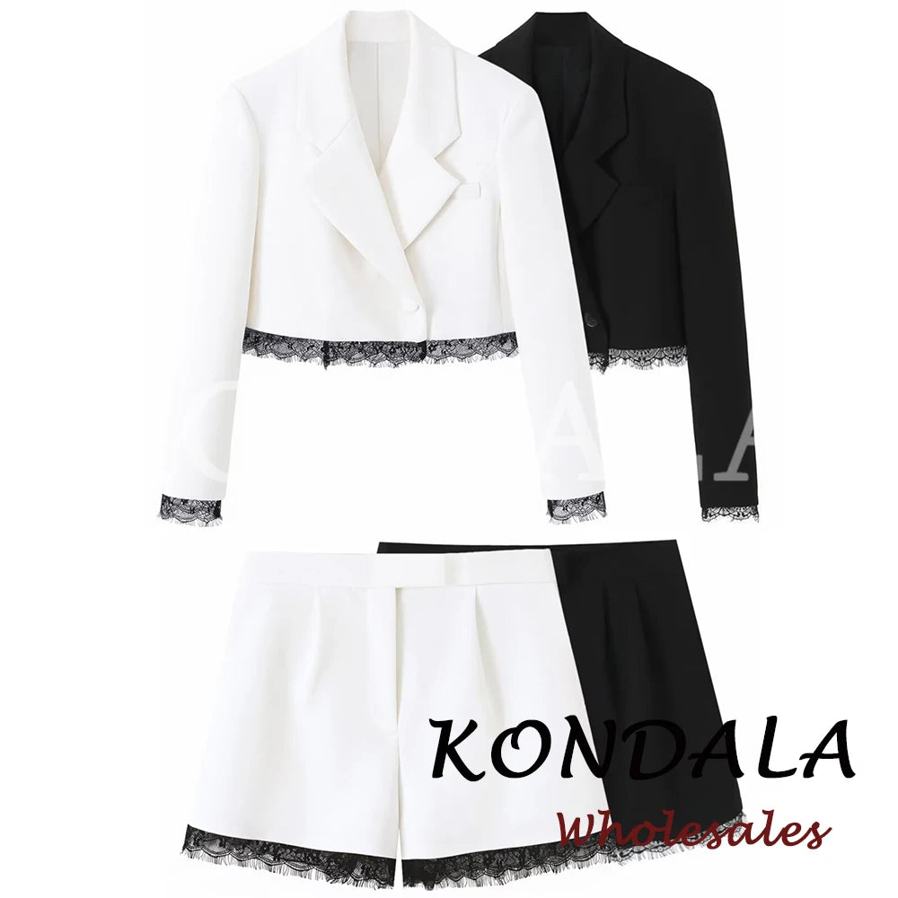 KONDALA Vintage Elegantes Damen-Frühlings-Set 2026: Kurzer Blazer mit Spitze und Reißverschlusstaschen + Schicke Freizeit-Shorts für Frauen