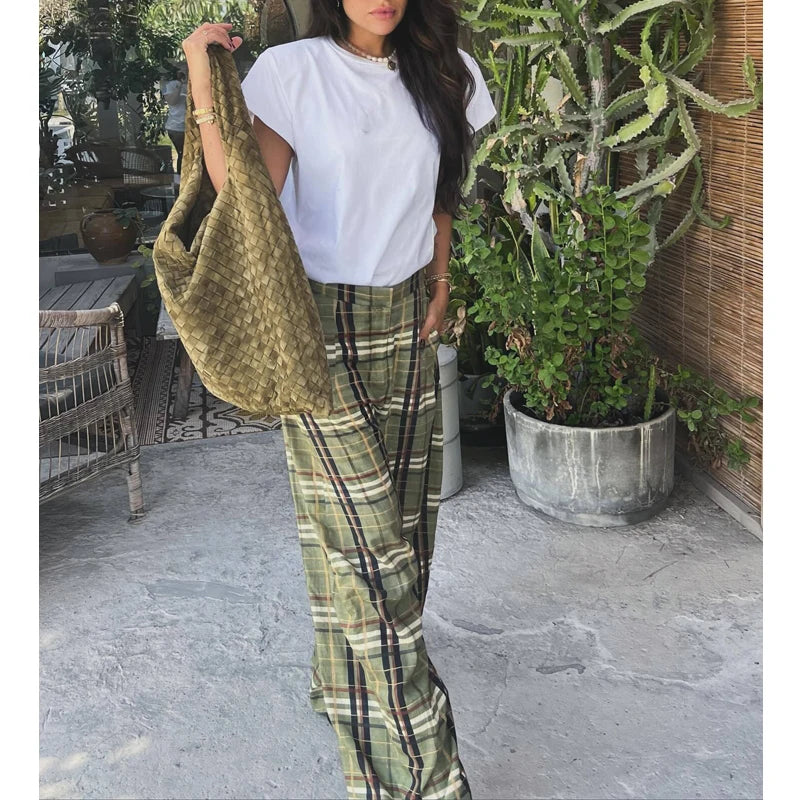 MUJER Karierte Hose mit weitem Bein für Damen, mittlere Taille, lockere Hose, Damen-Streetwear, lässige Damenhose, Urlaub, Vintage-Hose für Damen