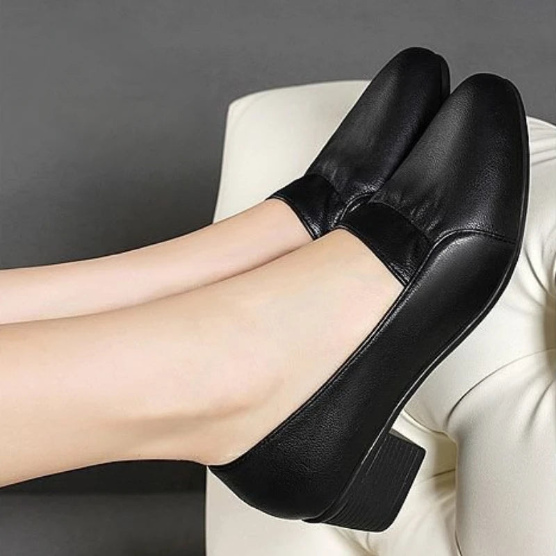 Komfortable Walking-Schuhe für Damen, mittelhohe Blockabsatz-Pumps, Slip-On-Loafer aus PU-Leder, Vintage-Stil, quadratische hohe Absätze, Büro-Damenschuhe, elegante Schuhe
