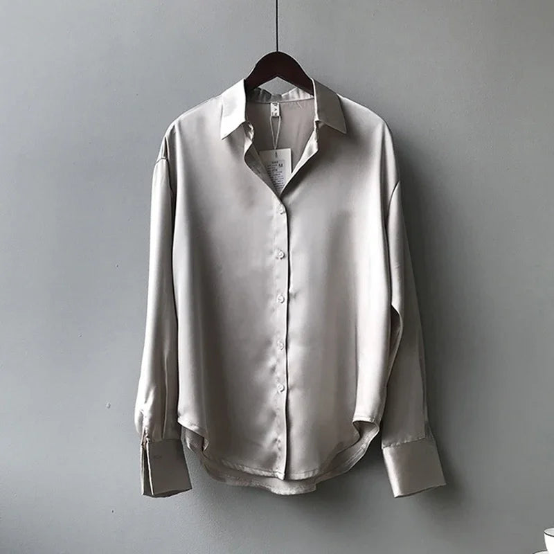 2026 frühling drehen-unten Kragen Damen Bluse Elegante Satin Lose Frauen Hemd Herbst Vintage Casual Taste Seide Tops