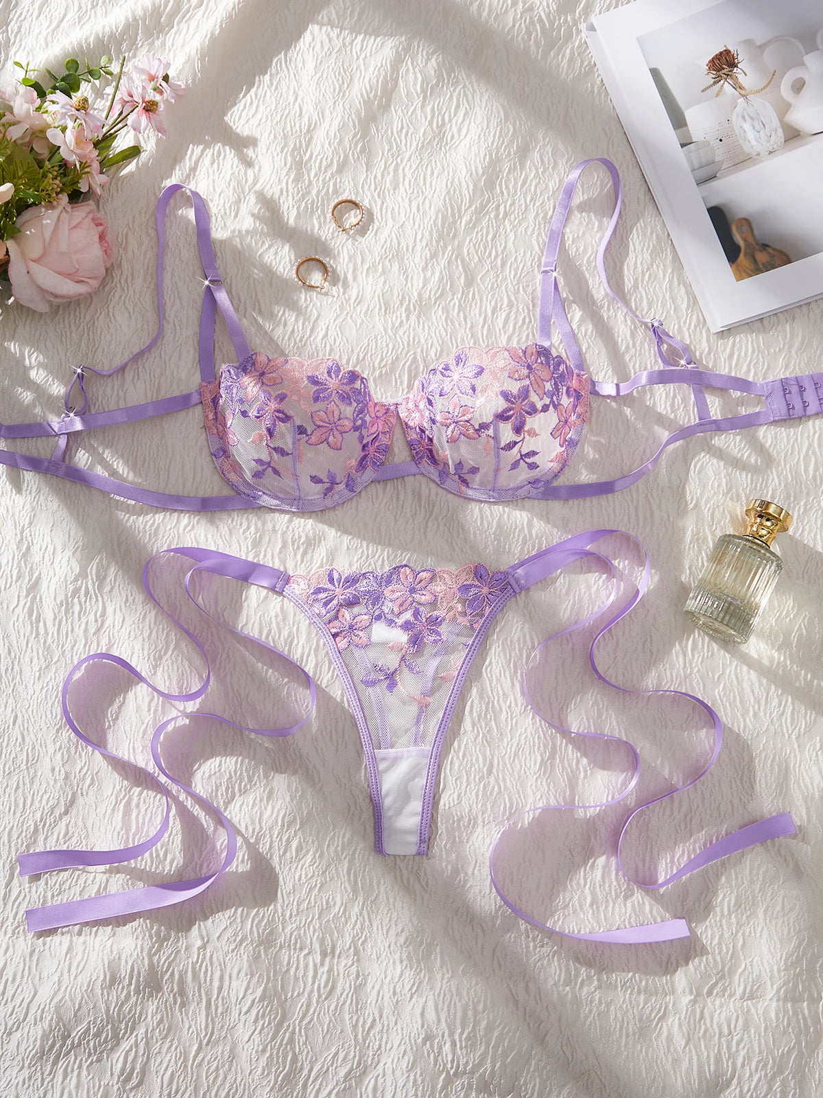 Lady Floral Stickerei Dessous Set Frauen Sheer BH und Slip Unterwäsche Set Satin Sexy Dessous Unterwäsche