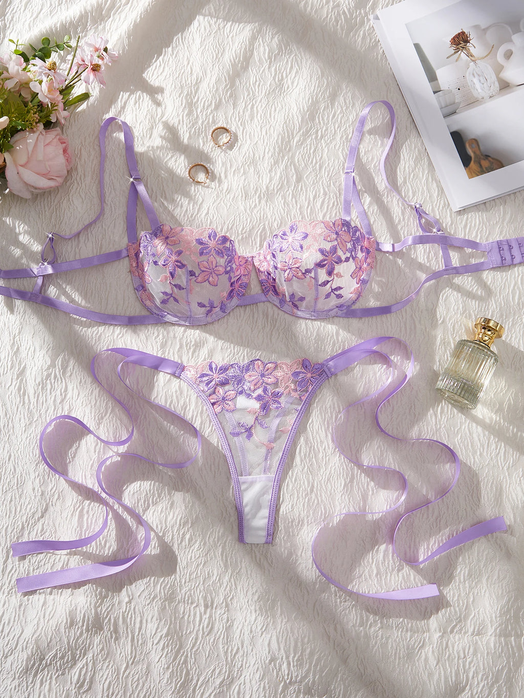 Lady Floral Stickerei Dessous Set Frauen Sheer BH und Slip Unterwäsche Set Satin Sexy Dessous Unterwäsche