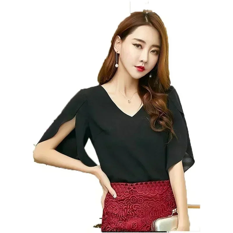 Frauen Chiffon Kurzarmhemd sexy V-Ausschnitt lose gekräuselte Chiffon Bluse.