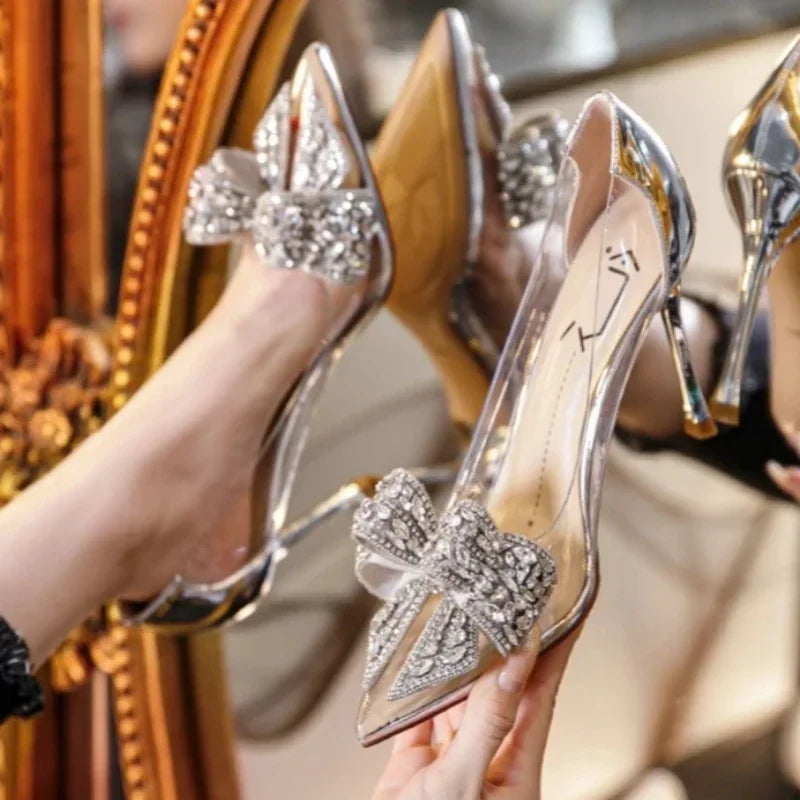 Frühling und Herbst Neue Transparente High Heels Spitz Diamant Verziert Bogen Mode Sexy Bankett Stiletto frauen Schuhe
