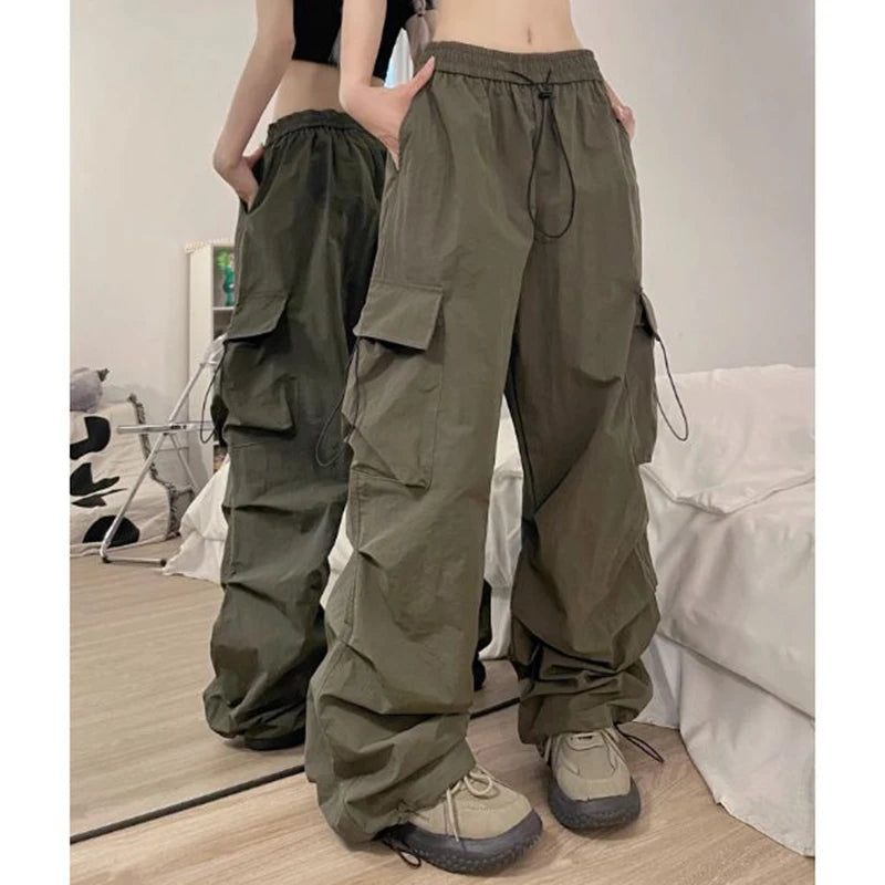 Große Größe Weibliche High Street Cargo Hosen Dame Baggy Hohe Taille Gerade Bein Hosen Mädchen Klassische Mode Kordelzug Hosen