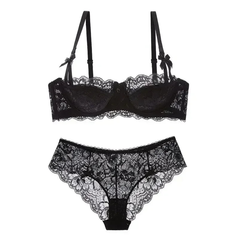 BANERDANNI Französisches Spitzen-Bralette-Set, atmungsaktiver, nicht gepolsterter BH für zierliche, transparente Blumen-Dessous, kabelloses Komfort-Anti-Gap-Design