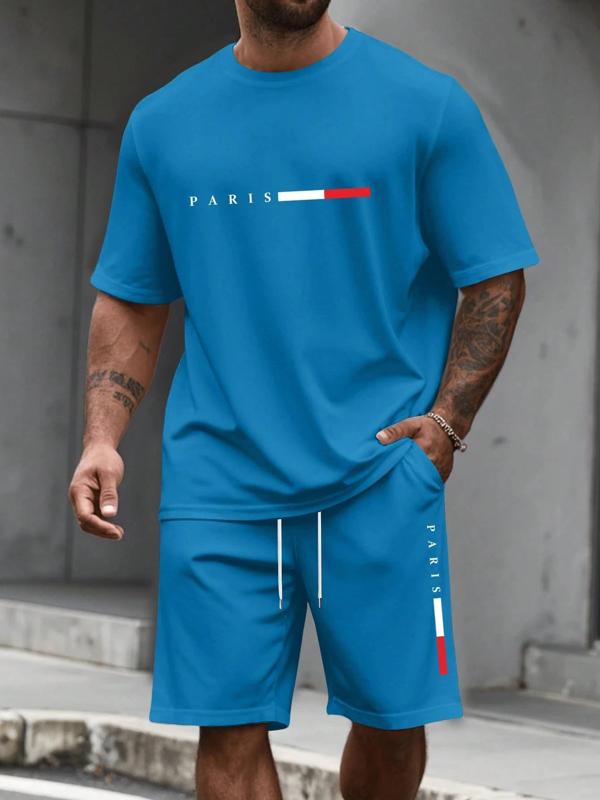Paris-Buchstaben-Print Herren Frühling und Sommer Zweiteiler Set Lässiger Rundhals Kurzarm T-Shirt Shorts Sportanzug Bedruckte Kleidung