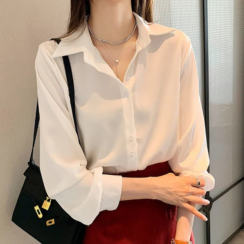 Frauen Shirts Frühling Herbst Casual Chiffon Hemd Büro Dame Mode Weibliche Lange Hülse Lose Feste Bluse Tops S-4XL