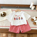 Sommer-Kurzarm-T-Shirt-Anzug für Babys, einfache, modische, lässige zweiteilige Set-Kinderkleidung, T-Shirt + karierte Shorts
