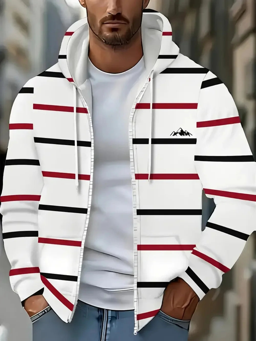 Lässiges, gestreiftes Herren-Sweatshirt mit Kapuze und durchgehendem Reißverschluss, Outdoor-Kleidung, glatte Kapuzentaschen mit Kordelzug, einfache gestreifte Sportbekleidung für Herren