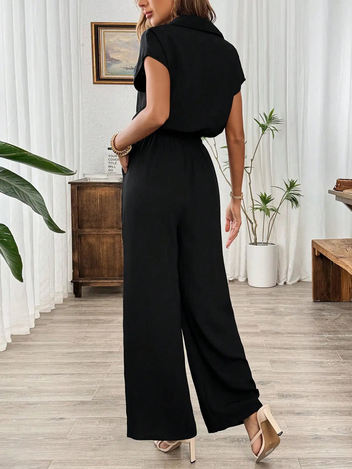 Damen Frühling Sommer Herbst Einfarbiger Basic Weitbein-Jumpsuit