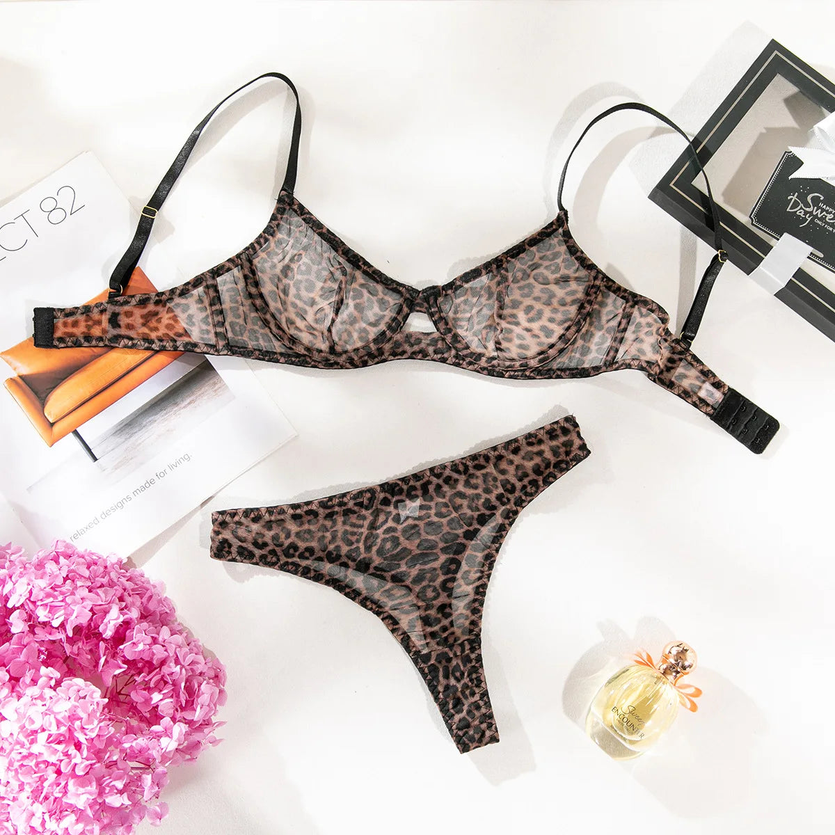 2 Pieces Sexy Leopard Print Transparent Underwire Bra Panty Set Women's Sexy Underwear Thin Seducing Mesh Printed Bralette