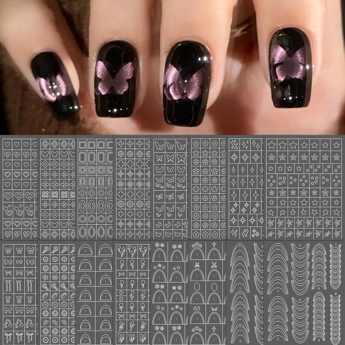 Neue Nagelaufkleber mit mehreren Designs, Schmetterlings- und Blumenmuster, transparent, sprühlackiert, wiederverwendbare PET-Nagelaufkleber für Klebeschablonen