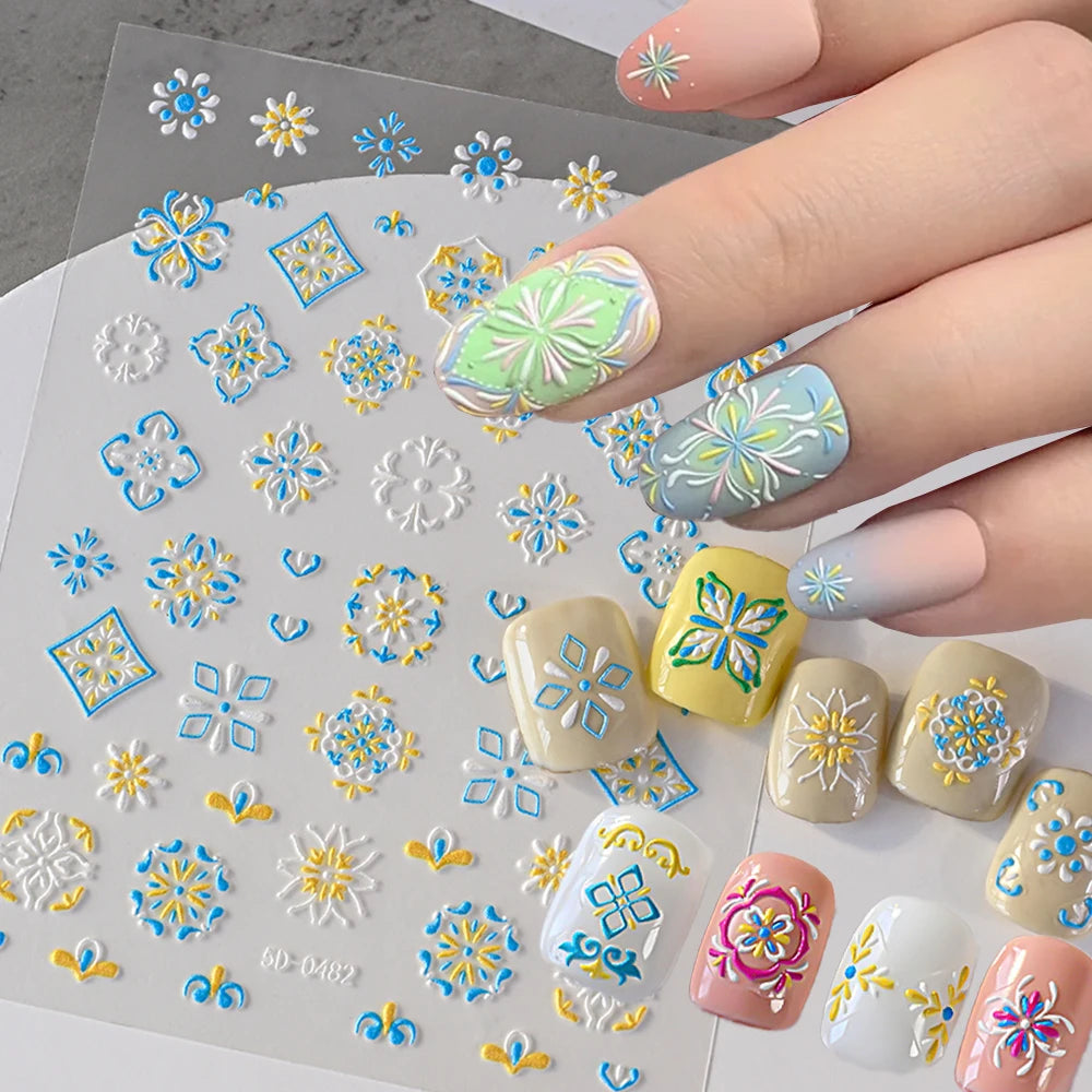 5D geprägte elegante böhmische Blumen Nail Art Aufkleber Spitze Blume Totem Nagel Aufkleber Aufkleber selbstklebende böhmische Maniküre Decot