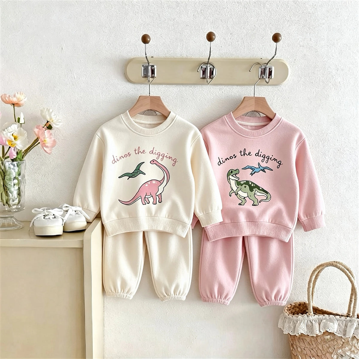 Dinosaurier-bedrucktes Baby-Sweatshirt-Set mit langen Ärmeln für Mädchen, Frühlings- und Herbstkleidung, Cartoon-Mode, zweiteilige Outfits für Kinder, Kinderset