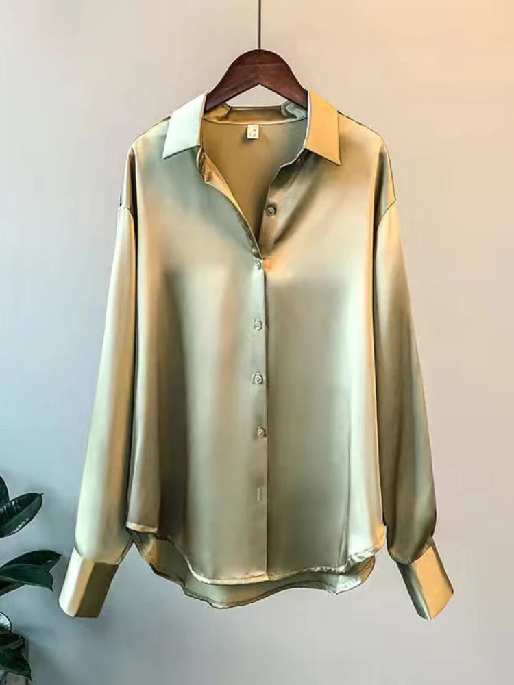 Casual Büro Dame Seide Blusen Herbst Langarm Button Up Hemd Frauen Elegante Winter Tops Büro Dame Acetat Bluse