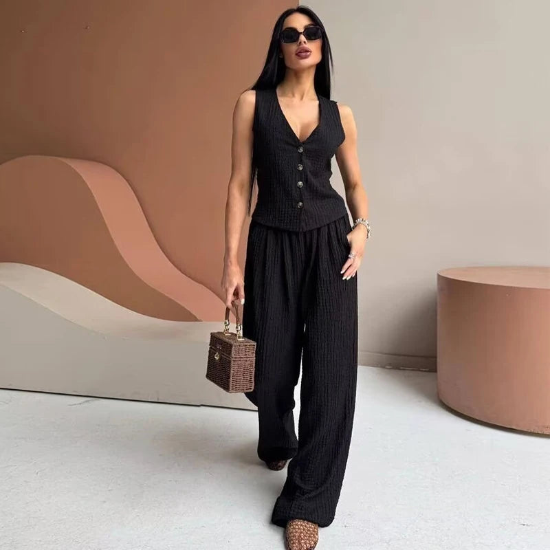 MUJER Damen-Hosen-Sets, strukturierte Hosen-Sets mit hoher Taille für Damen, 2-teilig, ärmellose Weste, Damen-Outfit, Damen-Sets, Damenanzüge