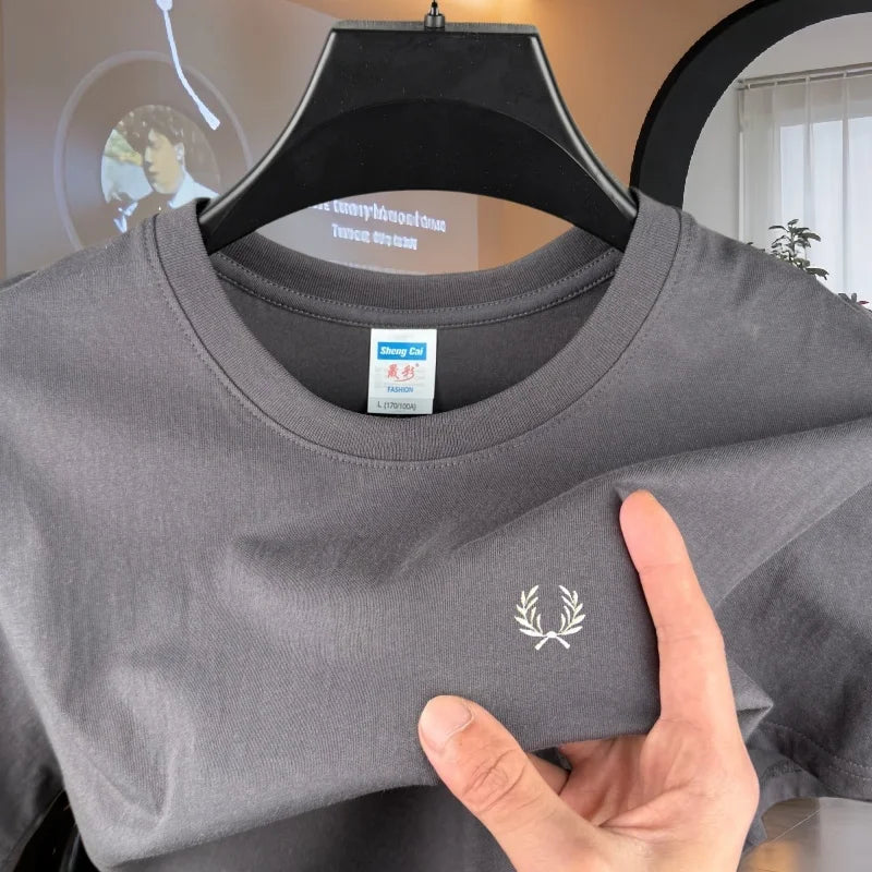 100% reine Baumwolle, hochwertiges Marken-Herren-T-Shirt mit Rundhalsausschnitt und kurzen Ärmeln, Sommermode, luxuriöses Weizen-Stickerei-Design, lässiges T-Shirt