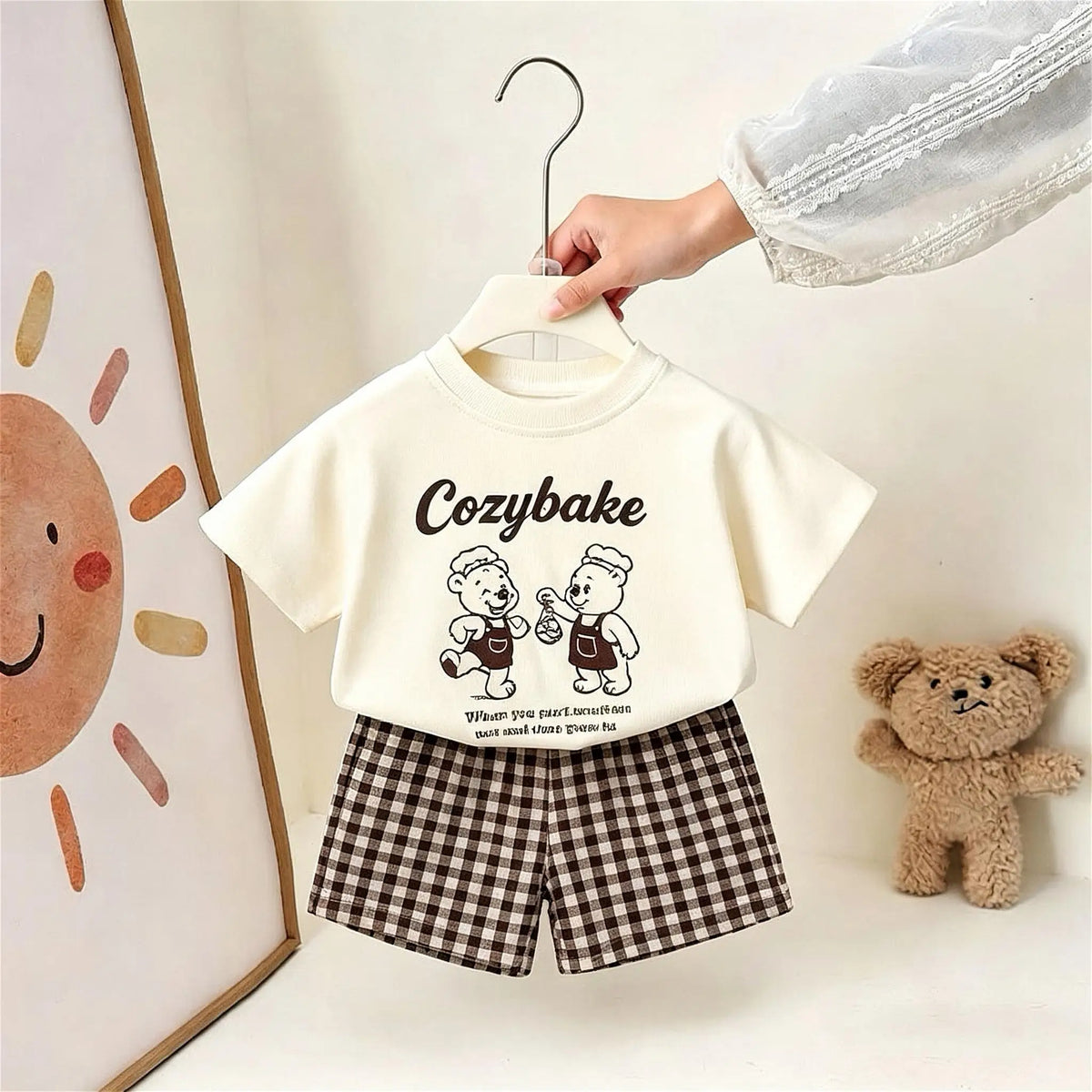Cartoon Mode Jungen Kurzarm T-Shirt + Karierte Shorts Set Kinderkleidung Sommer Dünner Einfacher Lässiger Trainingsanzug Kinder-Sets
