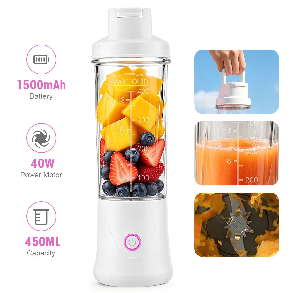 Tragbarer Fruchtentsafter, Mini-Mixer, 450 ml, elektrischer Saftbecher, 12 Klingen, wiederaufladbarer Mixer für Shakes und Smoothies, Eiszerkleinerer
