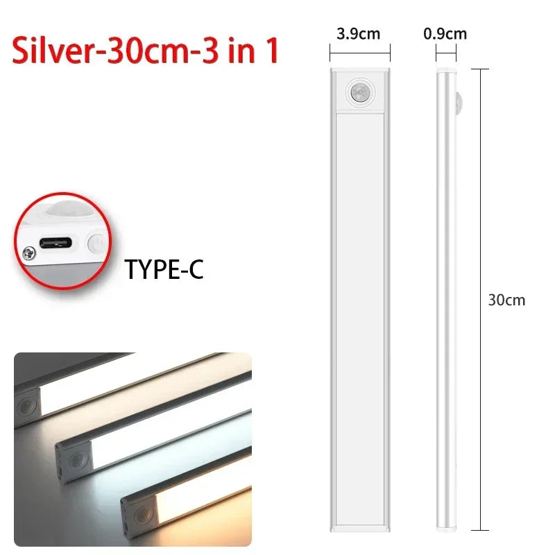 10–60 cm Bewegungsmelder unter dem Schrank, kabelloses, wiederaufladbares USB-Nachtlicht, 3 Farben, Schranklampe für den Innenbereich, Schlafzimmerbeleuchtung
