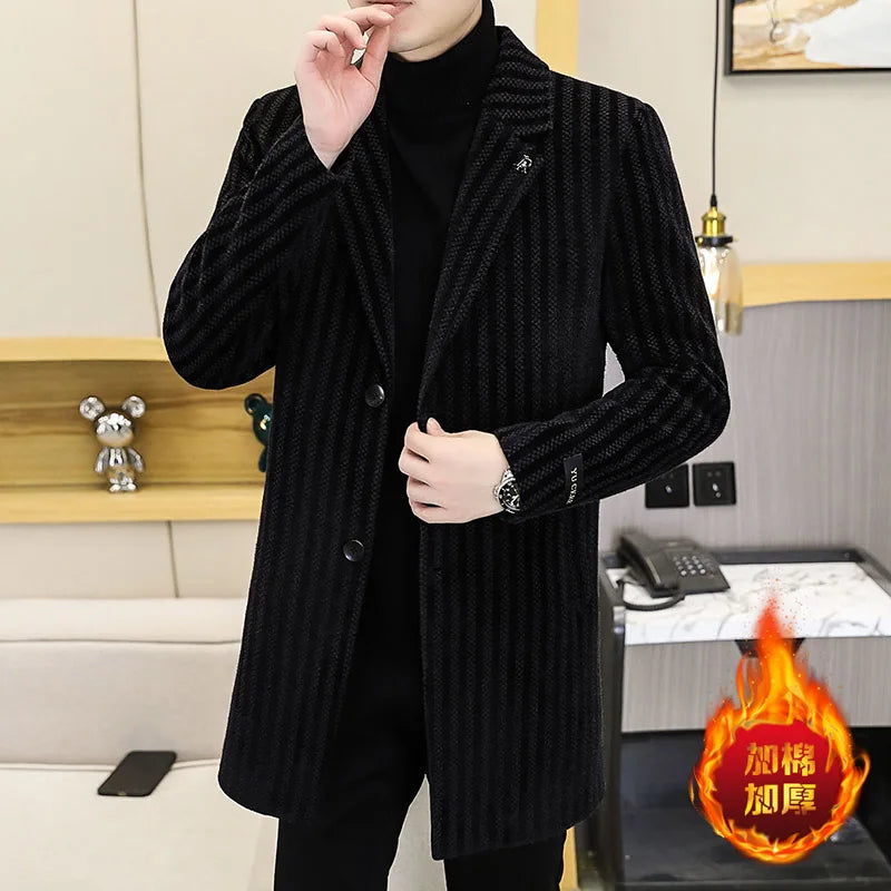 Hochwertiger mittellanger Trenchcoat für Herren, Herbst- und Winterkollektion für Herren, mit Baumwolle gepolsterter Herren-Wollmantel, Chenille-Jac