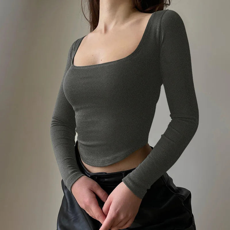 Quadrat Kragen Langarm Casual Frauen T Shirts Grün Herbst Dünne Sexy Solide Grund Crop Tops Mode Streetwear