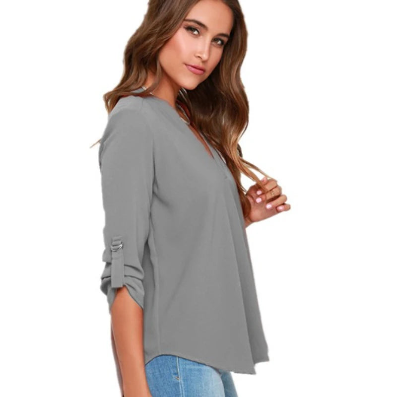 Damen Tops Blusen Langarm V-Ausschnitt Chiffon Bluse Büroarbeit Hemd