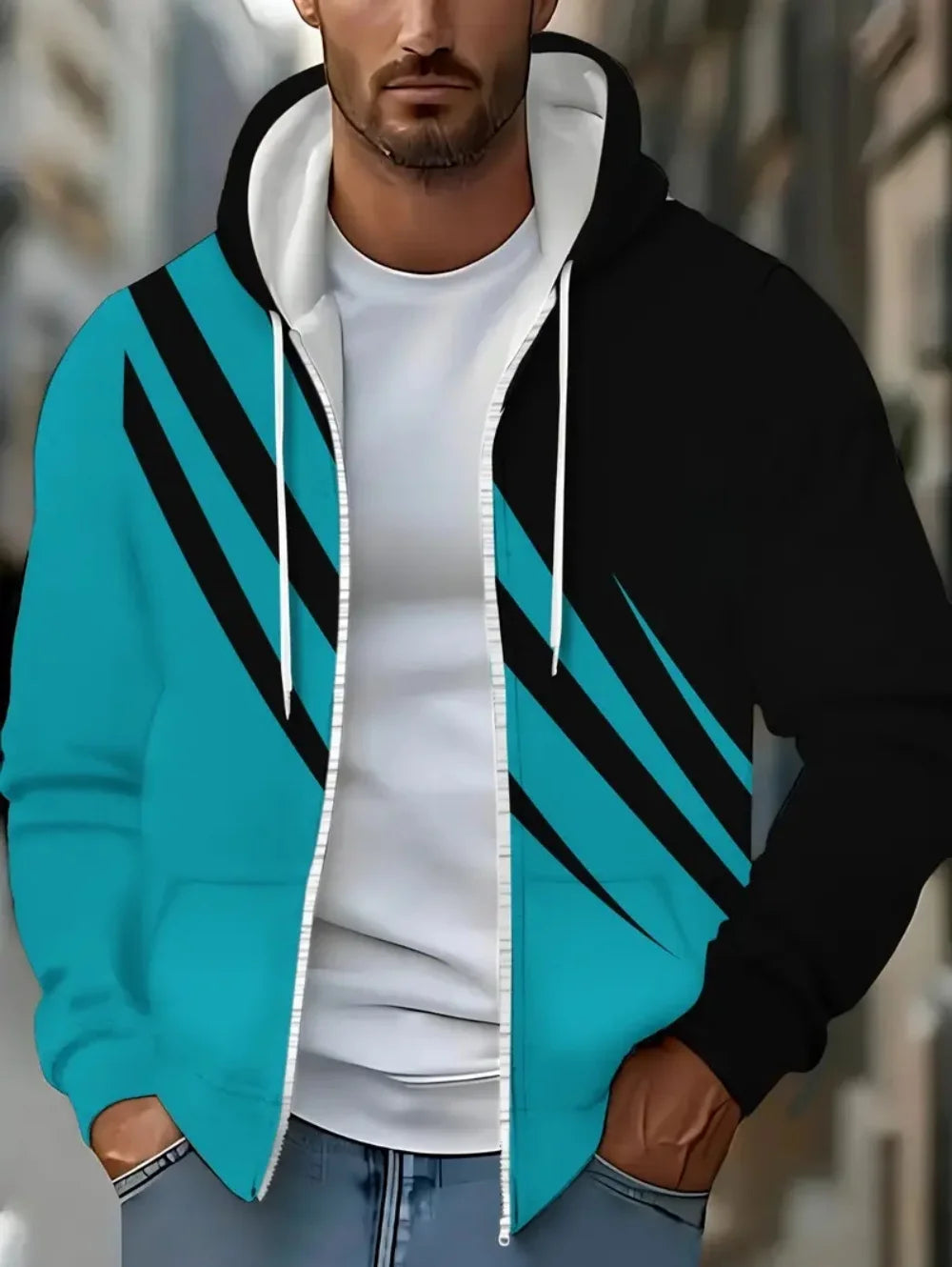 Lässiges, gestreiftes Herren-Sweatshirt mit Kapuze und durchgehendem Reißverschluss, Outdoor-Kleidung, glatte Kapuzentaschen mit Kordelzug, einfache gestreifte Sportbekleidung für Herren