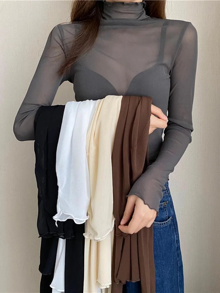 Sexy Frauen T Shirt Durchsichtig Transparent Mesh Tops Langarm Sheer Schlank Damen Solide Rollkragen Seide T-Shirt Spitze Crop Top